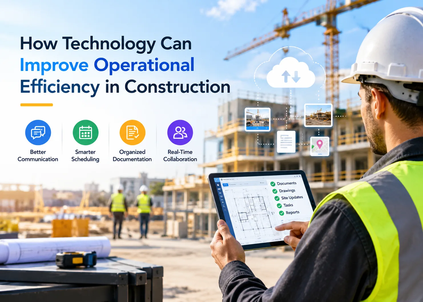 Construction worker using a tablet at a modern jobsite, illustrating how technology improves operational efficiency through cloud-based construction software, real-time project updates, better communication, smarter scheduling, organized documentation, and improved collaboration between field and office teams.